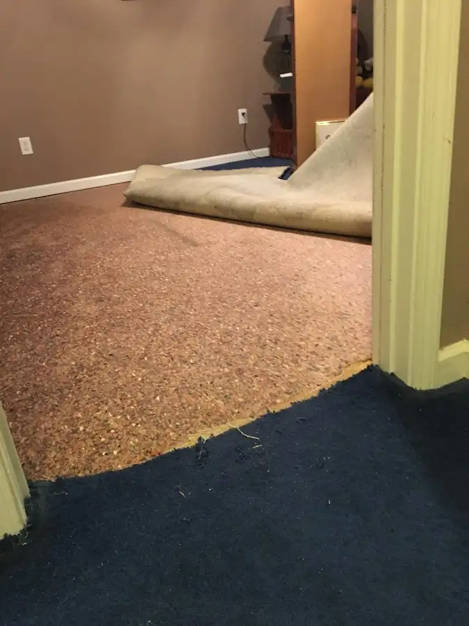 Carpet pad removal revealing water damage during Water Mitigation Services in Trophy Club